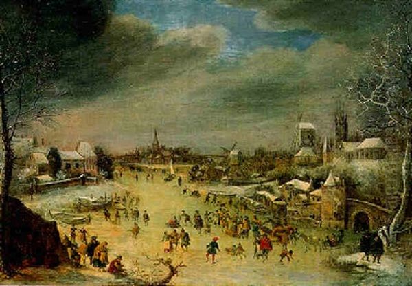 Eisvergnuegen Auf Einem Zugefrorenen Kanal Oil Painting by Jan Griffier the Elder