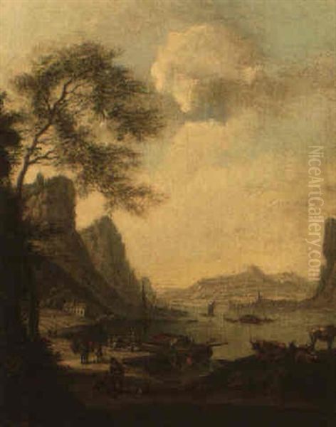 Mountainous River Landscape With Figures Unloading A Boat And Cattle Nearby Oil Painting by Jan Griffier the Elder