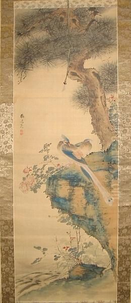 Baiitsu: Peacocks Under A Pine Oil Painting by Yamamoto Baiitsu