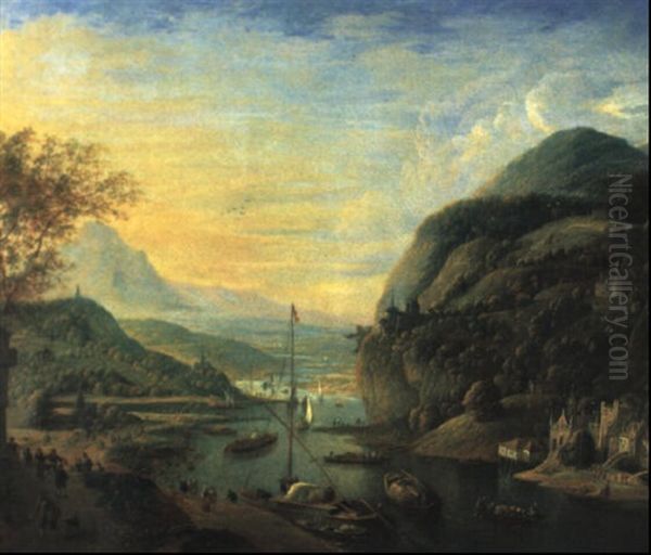 Rheinlandschaft Mit Vielen Booten Und Einem Schlos Oil Painting by Jan Griffier the Elder