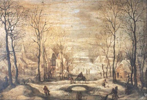 The Flight In Dutch Winter Landscape Oil Painting by Jan Griffier the Elder