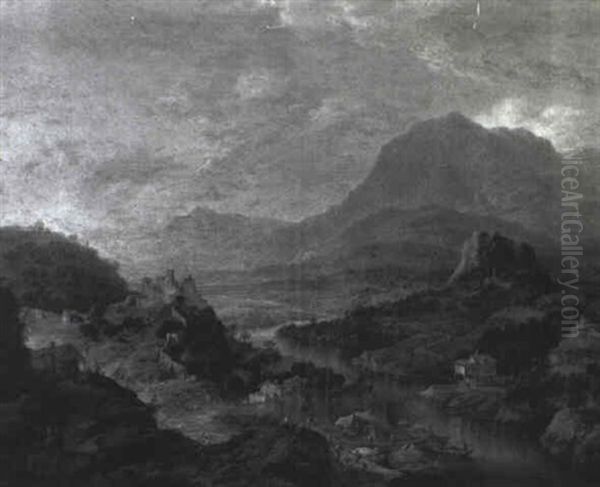 Rhenish Landscape With Barges Moored Below A Ruined Castle Oil Painting by Jan Griffier the Elder