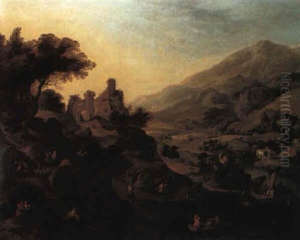 Rhenish Landscape With A Ruin And Figures Oil Painting by Jan Griffier the Elder