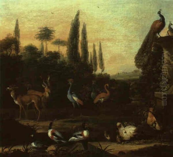 Park Landscape With Deer, Ducks, Cranes And Other Birds by Jan Griffier the Elder