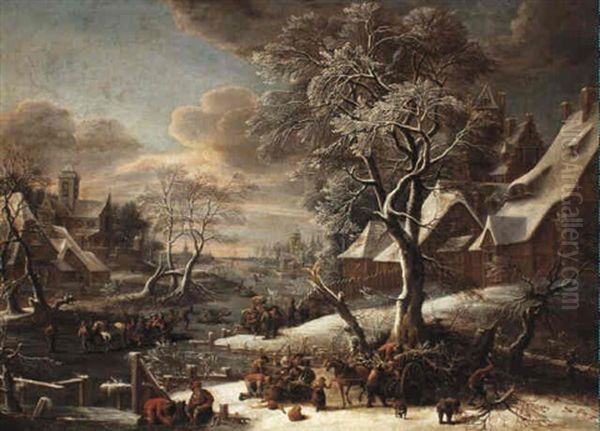 Fugures In A Frozen River Landscape Oil Painting by Jan Griffier the Elder