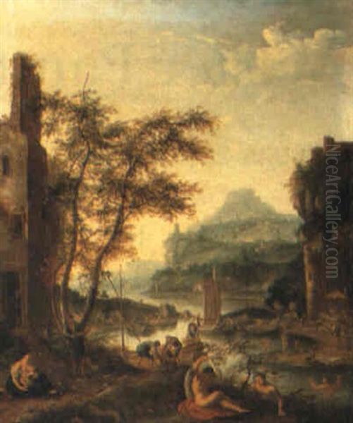 River Landscape With Bathers And Men Unloading Boats Oil Painting by Jan Griffier the Elder