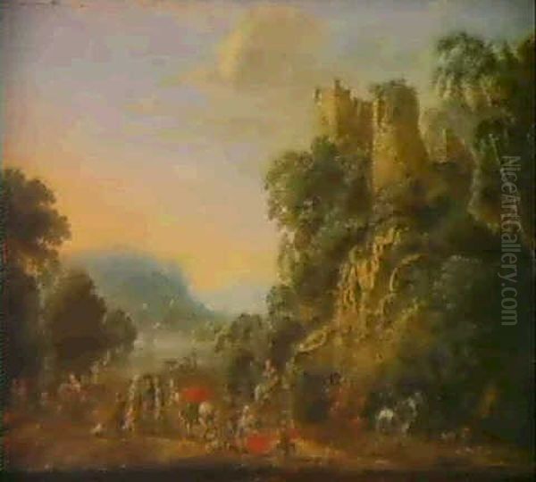 Caravane Passant Pres D'un Chateau Fort Dans La Vallee Du   Rhin Oil Painting by Jan Griffier the Elder