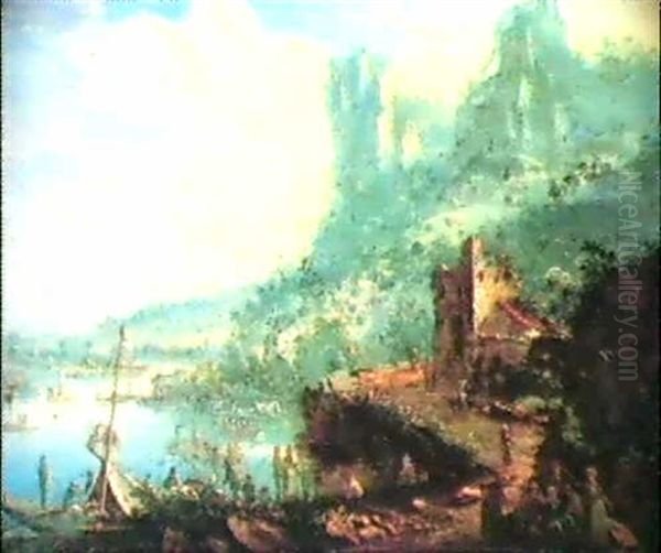 A Rhineland River Scene With Figures Resting By The Roadsidebefore A Ruined Tower Oil Painting by Jan Griffier the Elder