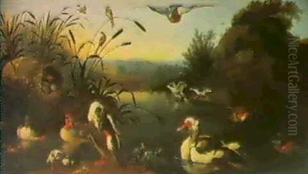 Waterfowl In A River Landscape Oil Painting by Jan Griffier the Elder