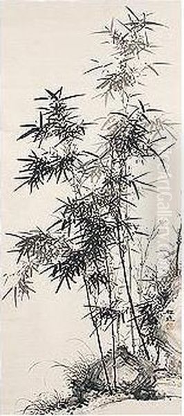 Bamboo And Rock Oil Painting by Yamamoto Baiitsu