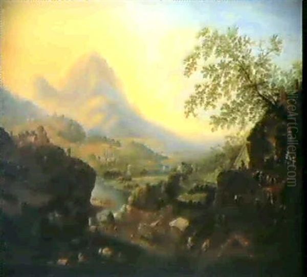 Vaste Paysage Panoramique Avec Sur Le                       Rhin Et Scene Villageoise Oil Painting by Jan Griffier the Elder