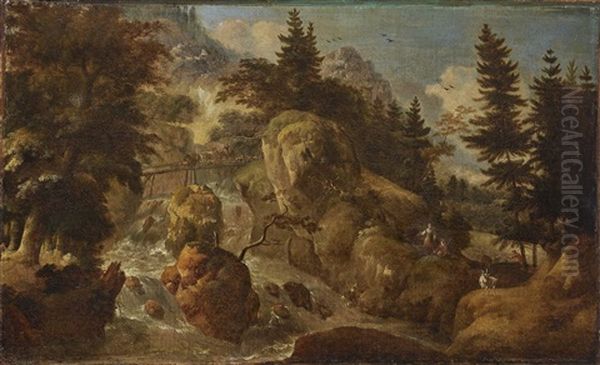 Shepherds At A Mountain Brook Oil Painting by Jan Griffier the Younger