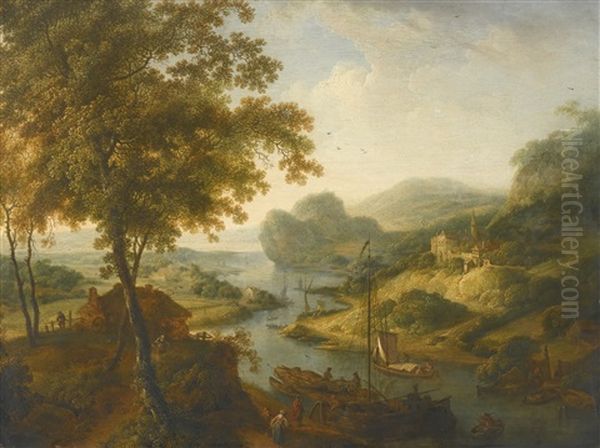 Mountainous River Landscape With Figures In Boats Oil Painting by Jan Griffier the Younger