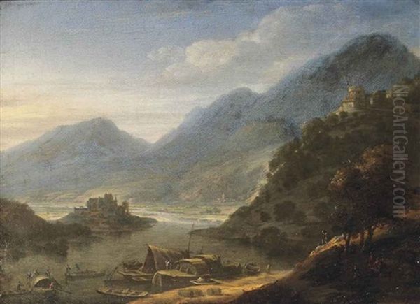 A Rhenish Landscape With Figures Loading Boats Oil Painting by Jan Griffier the Younger