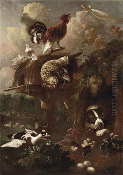 A Rooster, Two Doves And A Partridge By A Dovecote With A Chained Dog, Ducks And Ducklings Nearby Oil Painting by Jan Griffier the Younger