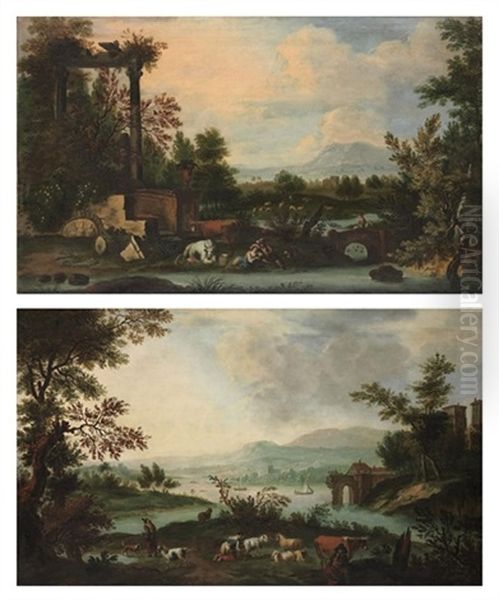 A Rural Landscape With Cappricci, Figures, And A Herd (+ Another; Pair) Oil Painting by Jan Griffier the Younger