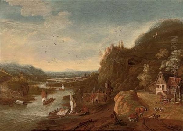 A Rhenish Landscape With Sailing Barges, A Castle On A Hill Beyond Oil Painting by Jan Griffier the Younger