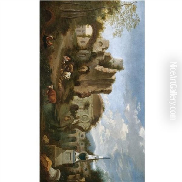 An Italianate Landscape With Figures Amongst Classical Ruins Oil Painting by Jan Griffier the Younger