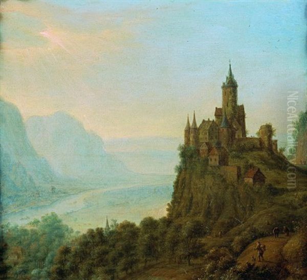 Paysage Panoramique De La Vallee Du Rhin Avec Un Chateau Oil Painting by Jan Griffier the Younger