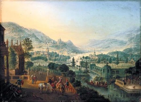 A Capriccio River Landscape With Elegant Figures On A Terrace Overlooking Pleasure Gardens Oil Painting by Jan Griffier the Younger