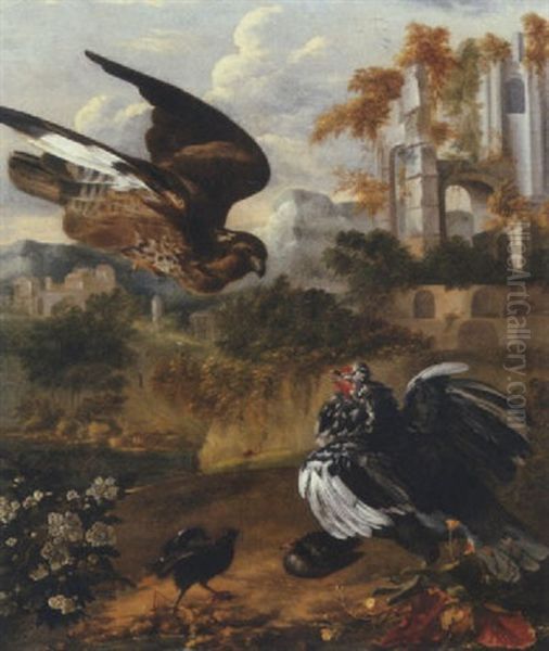 A Hen Protecting Her Chickens From A Hawk, By A Ruin Oil Painting by Jan Griffier the Younger