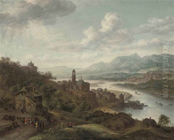 A Rhenish River Landscape With Peasants Dancing Before An Inn, A Village With A Church And Shipping Beyond Oil Painting by Robert Griffier