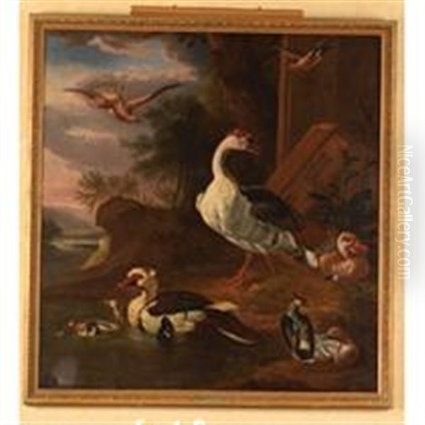 Oies, Canard De Barbarie, Vanneau Huppe Et Autres Oiseaux Dans Un Paysage De Riviere Oil Painting by Robert Griffier