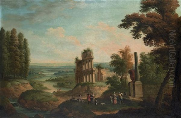 A River Landscape With Elegant Company By Classical Ruins Oil Painting by Robert Griffier