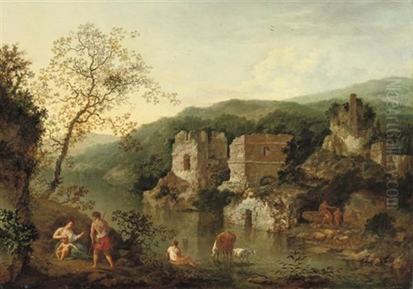 An Italianate Landscape With Classical Figures By A River Oil Painting by Robert Griffier