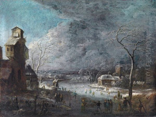 Eisvergnugen Vor Hausern Und Dem Wohnturm Einer Stadt Oil Painting by Robert Griffier