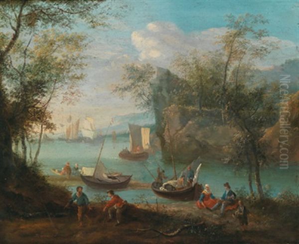 Gebirgige Flusslandschaft Mit Booten Und Figuren Oil Painting by Robert Griffier