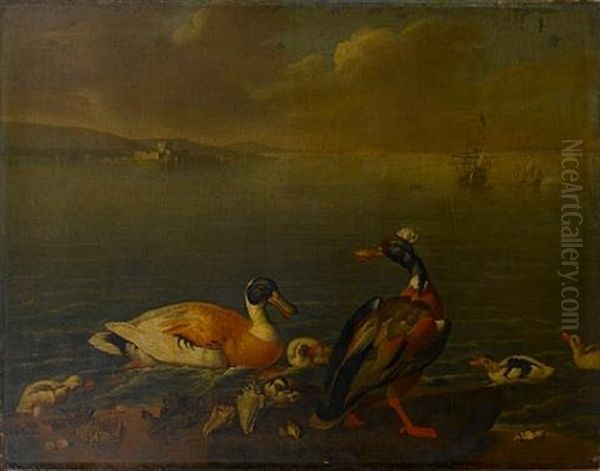 A View Of An Estuary (medway?) With Upnor Castle In The Distance, An English Man O'war And Other Vessels At Sea, In The Foreground A Family Of Ducks Oil Painting by Robert Griffier