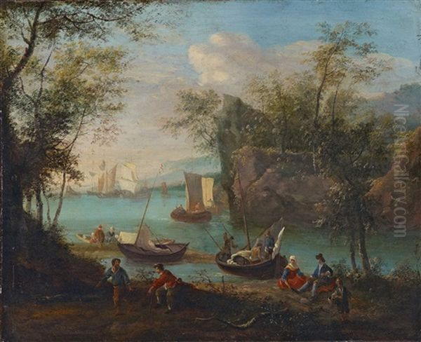 Bewaldete Flusslandschaft Mit Segelschiffen Und Fischern Oil Painting by Robert Griffier