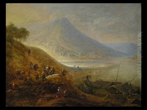 Flusslandschaft Mit Gebirgigen Ufern Und Fernblick Auf Eine Stadt Oil Painting by Robert Griffier