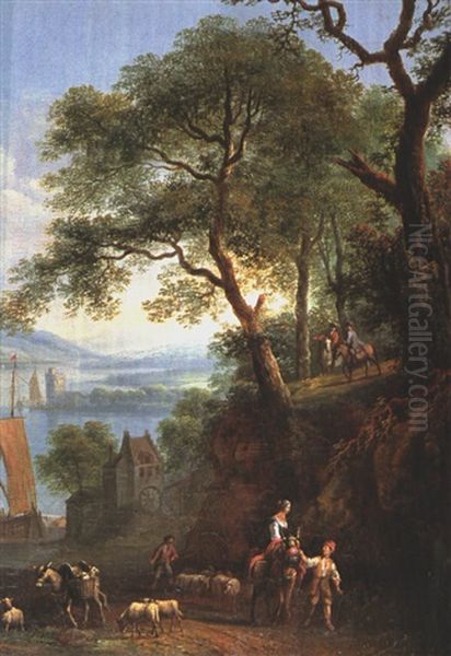 Flusslandschaft Mit Burgen, Schiffen Und Fahre Sowie Hirten Und Reitern Oil Painting by Robert Griffier