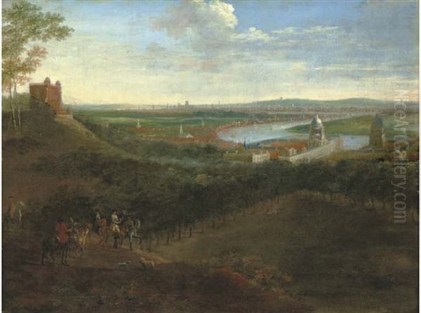 View Of Greenwich From One Tree Hill With Horsemen In The Foreground Oil Painting by Robert Griffier