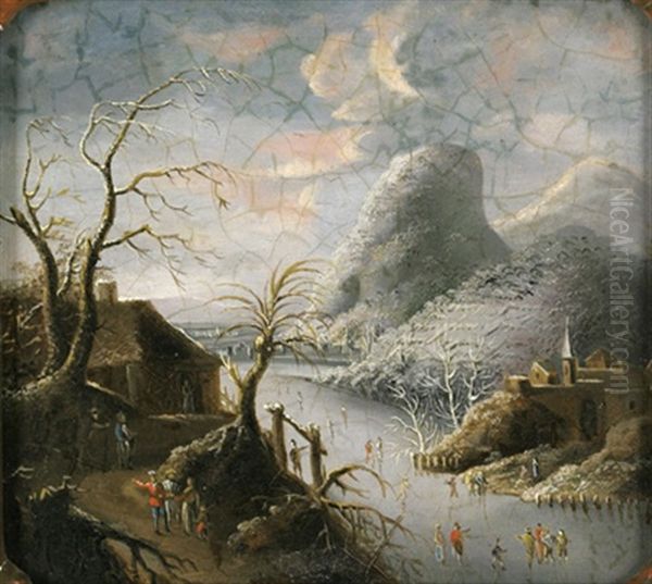 Gebirgige Winterlandschaft Und Blick Auf Ein Dorf Und Schlittschuhlaufer Oil Painting by Robert Griffier