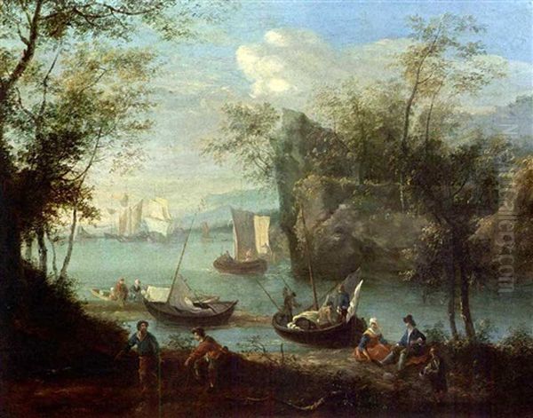 A Wooded River Landscape With Sailing Boats And Fishermen With Their Nets In The Foreground Oil Painting by Robert Griffier