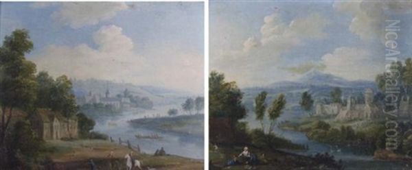 Extensive Rhenish Landscape With Figures Oil Painting by Robert Griffier