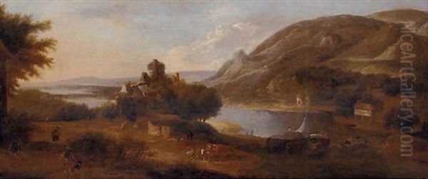 An Extensive River Landscape With A Barge, Figures, And Livestock And A Ruined Castle Oil Painting by Robert Griffier