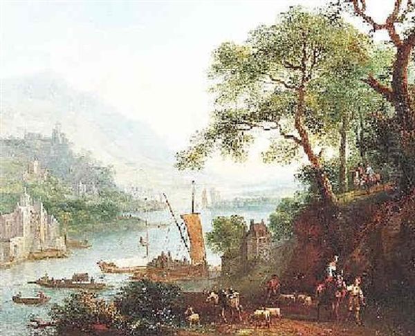 Ideale Fluslandschaft Mit Schiffen Und Hirten Am Ufer Oil Painting by Robert Griffier