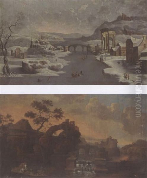 A Winter Landscape With A Figure Skating On The Ice And Other Figures In The Snow Near A Village Oil Painting by Robert Griffier