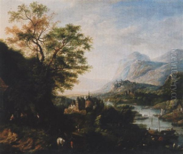 Rheinlandschaft Mit Schiffen Und Figurenstaffage Oil Painting by Robert Griffier