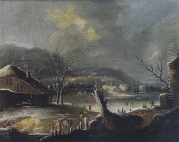 Winterlandschaft Mit Eislaufern Auf Einem Zugefrorenen Gewasser Oil Painting by Robert Griffier