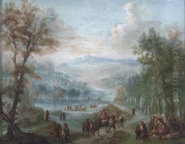 Weite, Bewaldete Landschaft Mit Reisenden, Jagern Und Einem Zigeunerlager Oil Painting by Robert Griffier