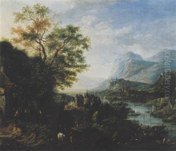 Rheinlandschaft Mit Schiffen Und Figurenstaffage Oil Painting by Robert Griffier