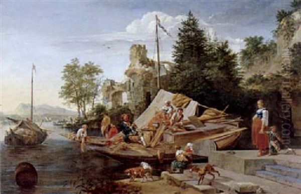 Rheinlandschaft Mit Korbflechtern Auf Einem Boot Oil Painting by Robert Griffier