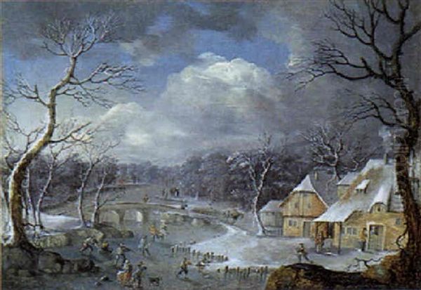 Eisvergnugen Auf Einem Zugefrorenem Wasserlauf Vor Einem Flandrischen Dorf Oil Painting by Robert Griffier