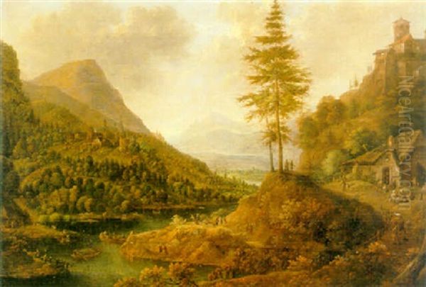 An Extensive Rhenish River Landscape With Villages In The Mountains And Figures Oil Painting by Robert Griffier