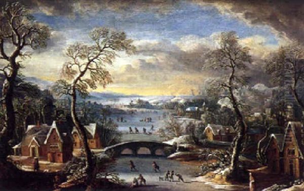 Village Fluvial Sous La Neige Avec Villageois S'adonnant Aux Joies Du Patinage Oil Painting by Robert Griffier